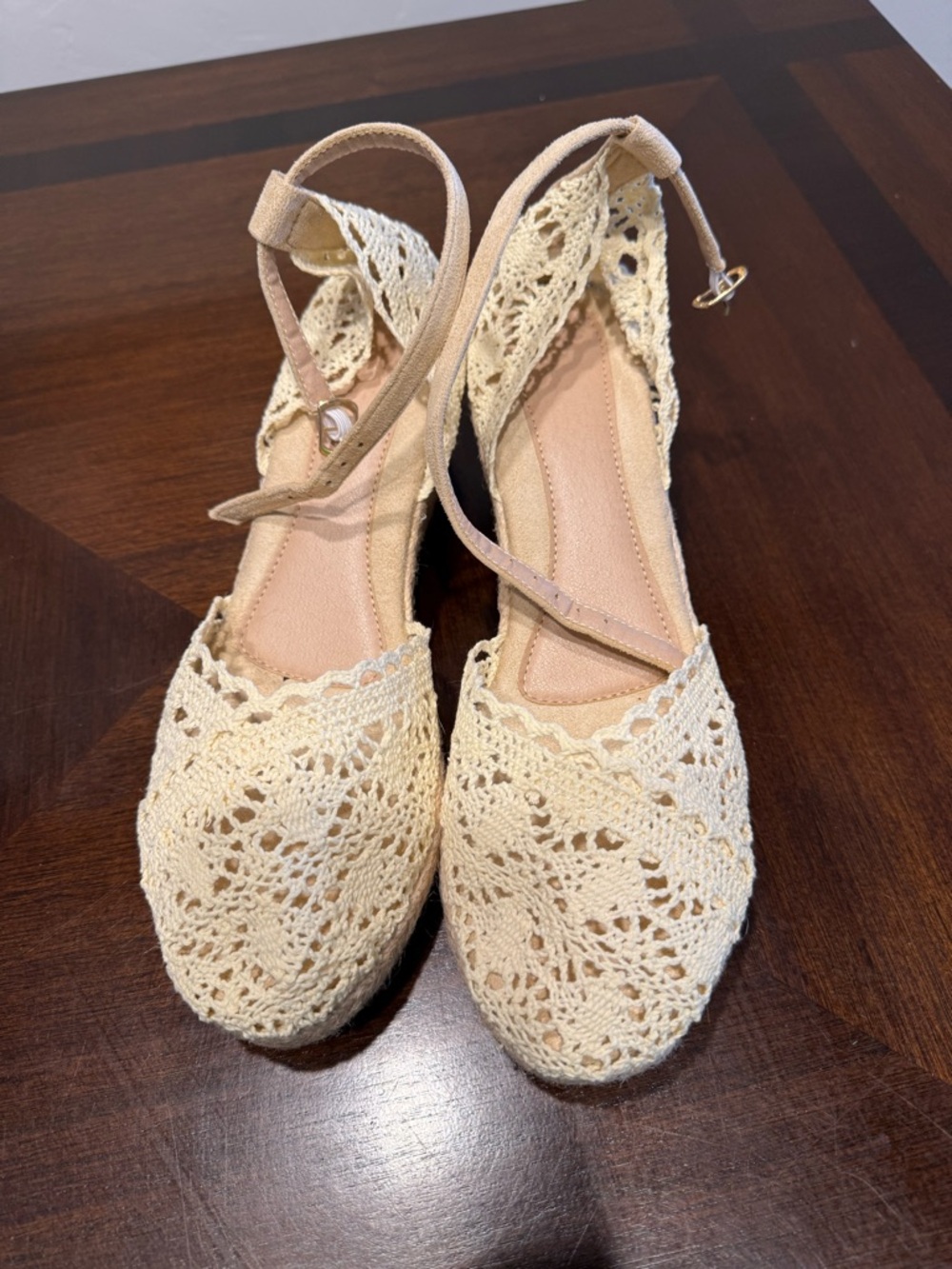 Womens Crochet Ankle-Strap Flats in Cream